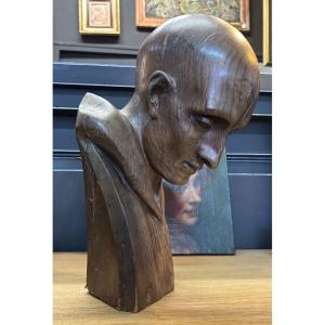 D’après Jean Antoine HOUDON buste de Saint Bruno de Cologne sculpture en chêne fin XIXème