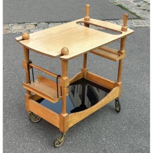 Guillerme Et Chambron - Oak Bar Cart Or Trolley, Circa 1950, On Wheels 