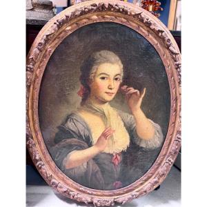 18th-century French School: Portrait Of A Woman In An Oval Frame—oil On Canvas