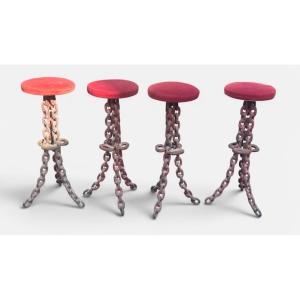 Brutalist Bar Stools Made Of Chain Mesh, Circa 1960–70, Height 89 Cm