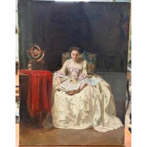 joseph Caraud ( 1821-1905) jeune femme lisant huile sur toile XIXème - portrait