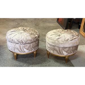 Pair Of Art Deco-era Gilded Wooden Poufs - Stools 
