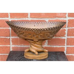 Art populaire - coupe sur pied en bois sculpté serpents et décors à motifs floraux ajouré XIXèm