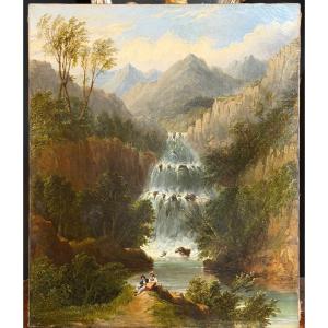 Huile sur toile paysage de montagne avec cascade dans le goût de Alexandre Calame (1810-1864)