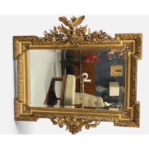 Miroir de style Louis XVI époque Napoléon III en bois et stuc doré décor aux oiseaux - glace