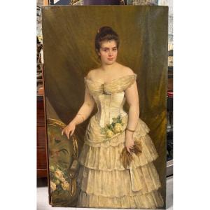 Large Portrait Of A Young Woman In A White Dress From The 19th Century; Oil On Canvas; H 148 Cm
