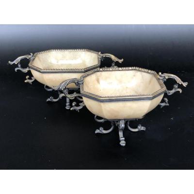 Paire De Coupes En Agate Jaune Montée Argent Doré - XIXème