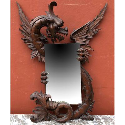 Ancien Miroir Au Dragon Bois Sculpté Dans Le Gout De Viardot