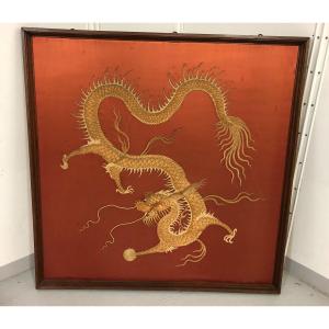 Grande Broderie Chine Fin XIXème - Dragon A La Perle -d : 135 X 135 Cm