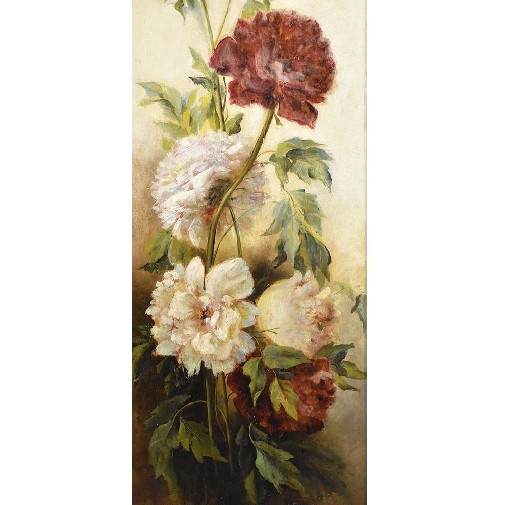 Antique Still Life Painting, Flowers Vase Painting, Flowers Of Peonies, Oil On Wood.  (qf456)-photo-3