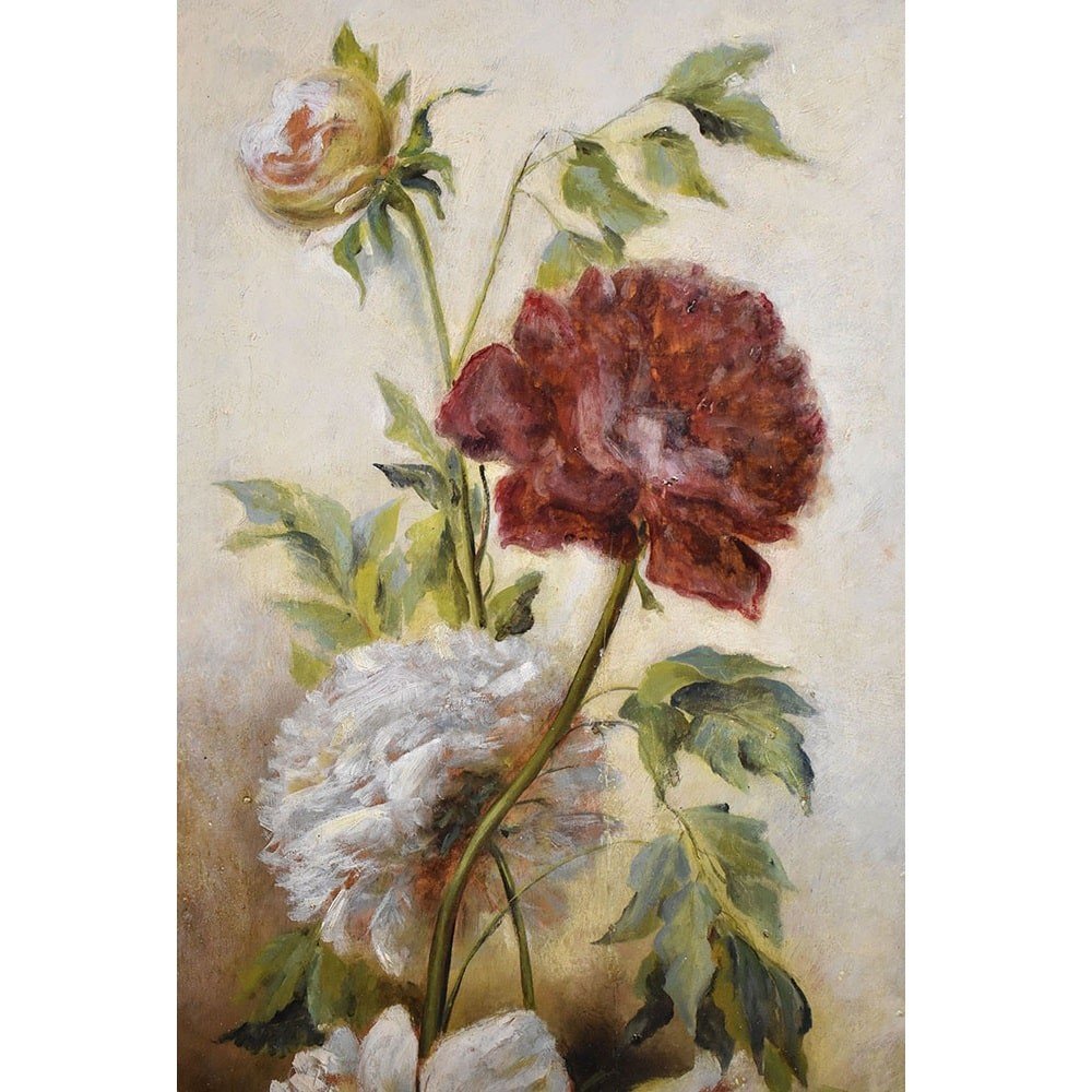 Antique Still Life Painting, Flowers Vase Painting, Flowers Of Peonies, Oil On Wood.  (qf456)-photo-4
