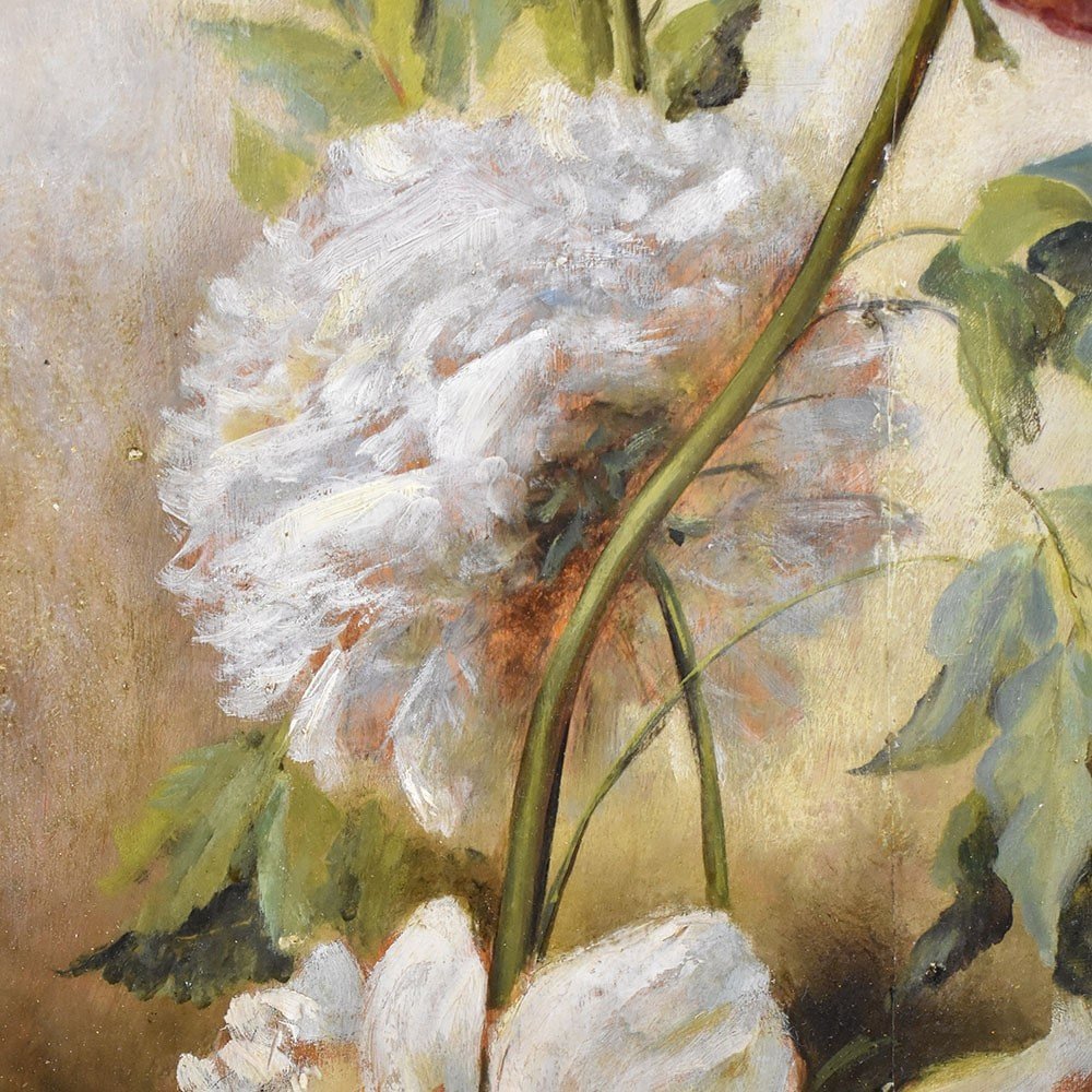 Tableau Ancien Fleurs, Peinture Fleurs, Pivoines, XIXè Siècle. (QF456)-photo-1