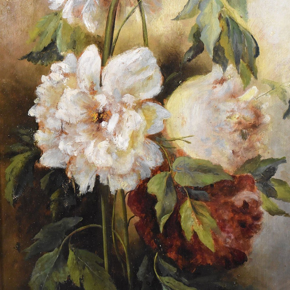 Antique Still Life Painting, Flowers Vase Painting, Flowers Of Peonies, Oil On Wood.  (qf456)-photo-2