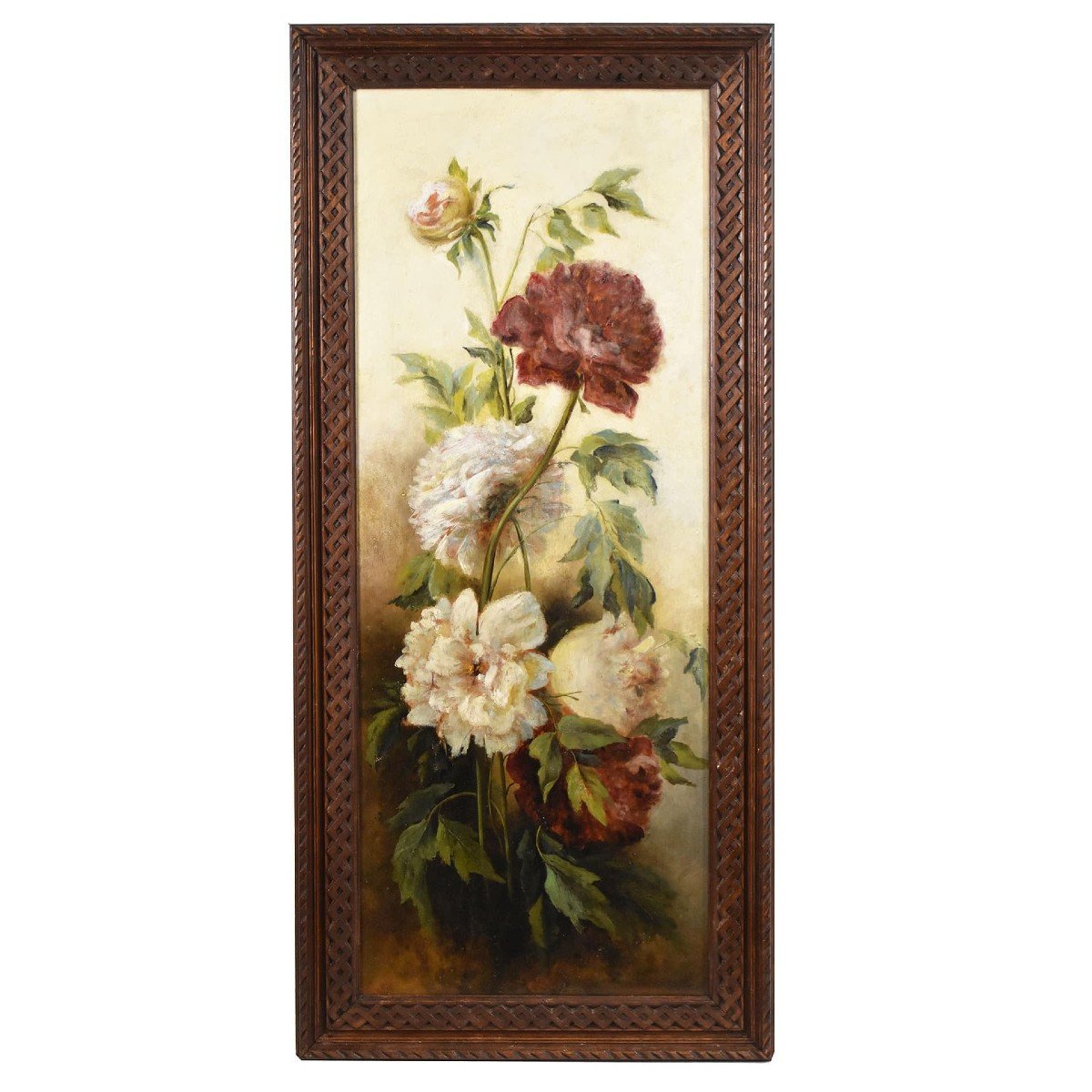 Antique Still Life Painting, Flowers Vase Painting, Flowers Of Peonies, Oil On Wood.  (qf456)