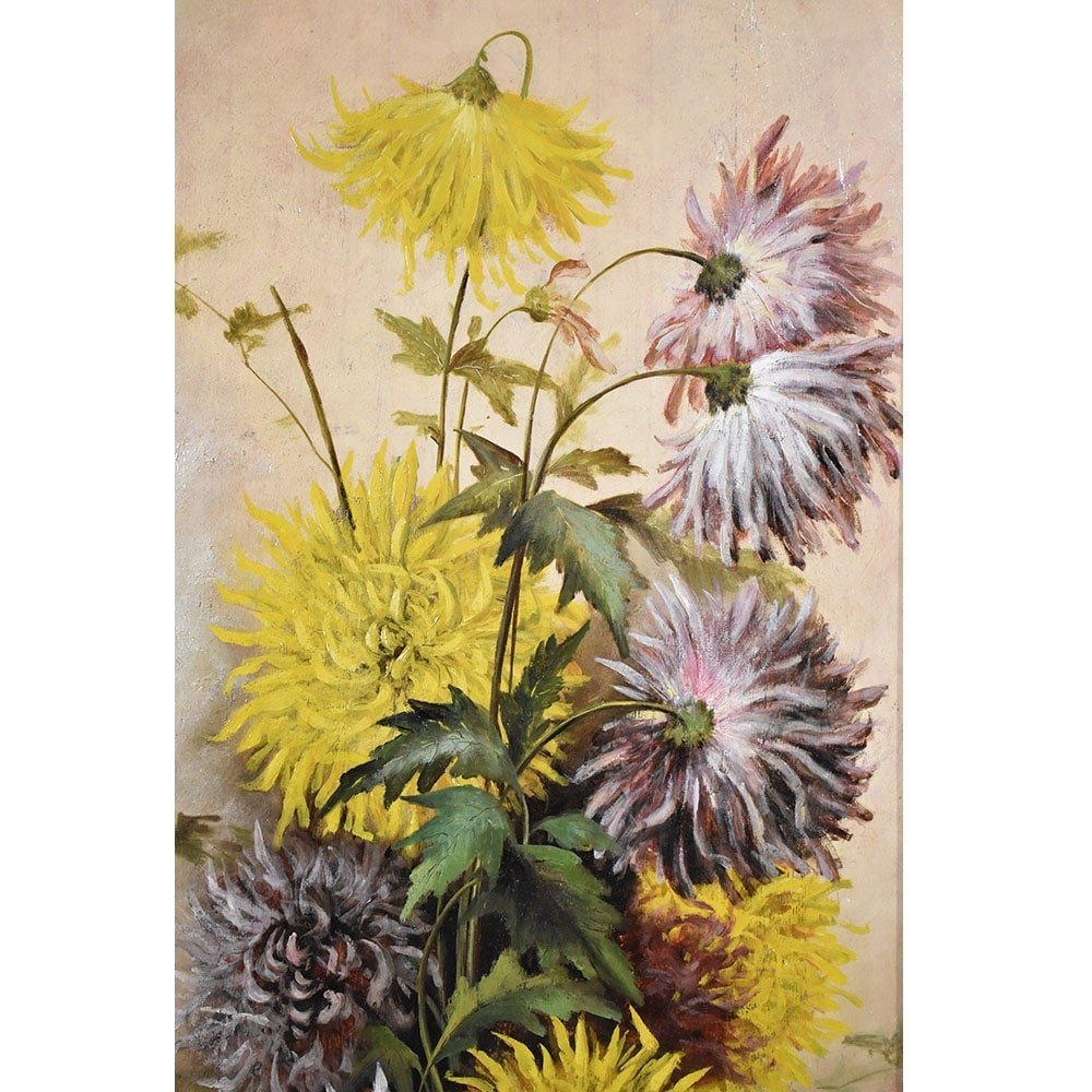 Tableau Ancien Fleurs, Peinture Fleurs, Dahlias, XIXè Siècle. (QF457)-photo-4