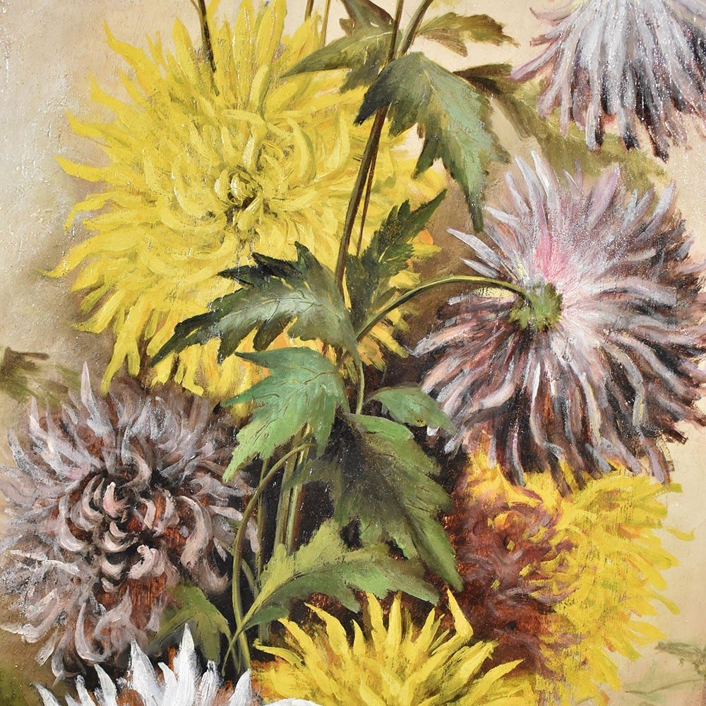 Tableau Ancien Fleurs, Peinture Fleurs, Dahlias, XIXè Siècle. (QF457)-photo-1