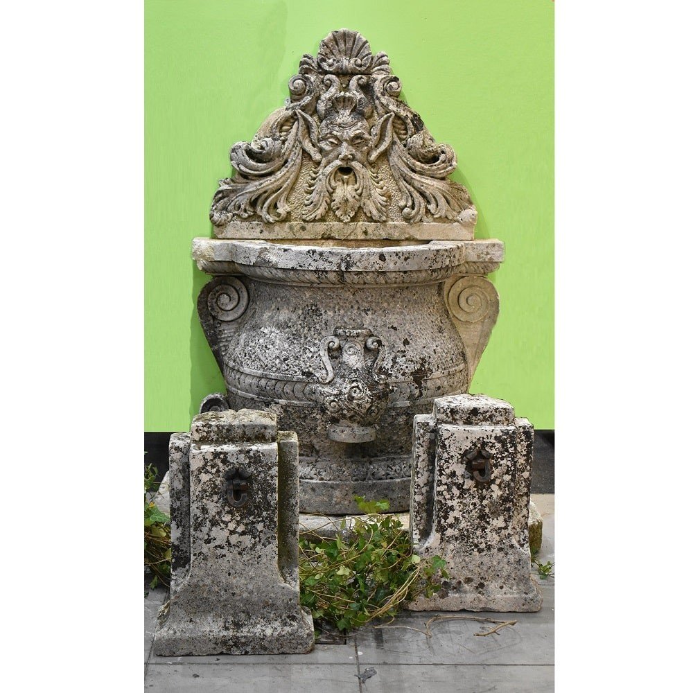 Sculptures Anciennes, Fontaine En Pierre De Vicenza Avec Mascherone, Italie,  XIX. (SFON71)-photo-2