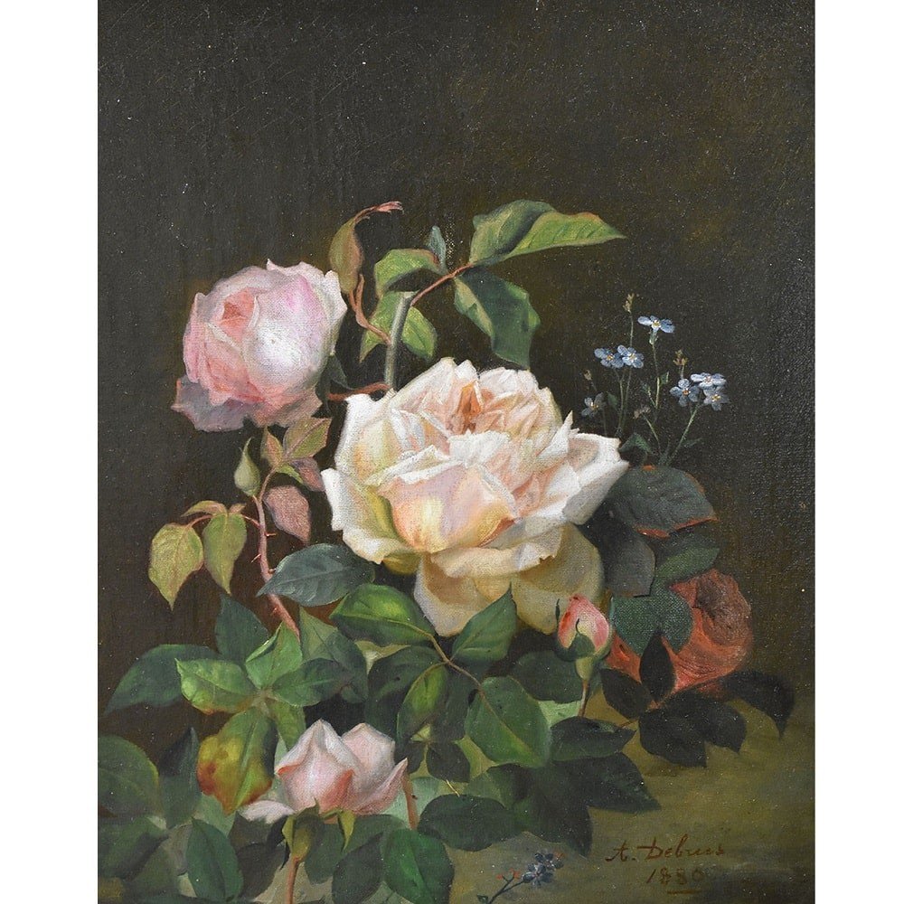 Tableau Ancien Fleurs, Peinture Fleurs, Roses, Alexandre Debrus, XIXè Siècle. (QF462)-photo-2