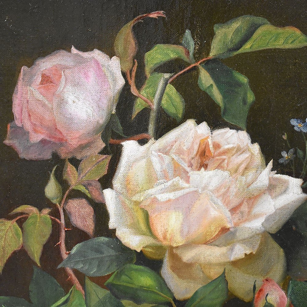 Tableau Ancien Fleurs, Peinture Fleurs, Roses, Alexandre Debrus, XIXè Siècle. (QF462)-photo-3
