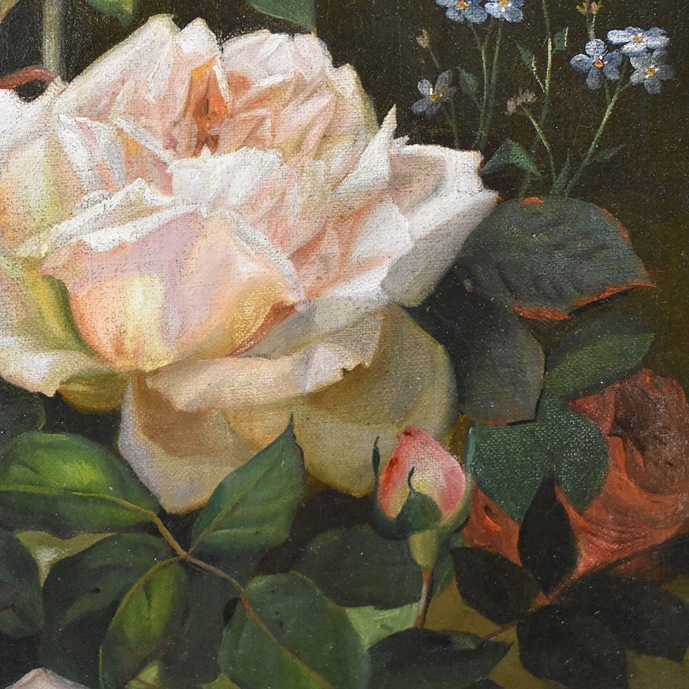Tableau Ancien Fleurs, Peinture Fleurs, Roses, Alexandre Debrus, XIXè Siècle. (QF462)-photo-4