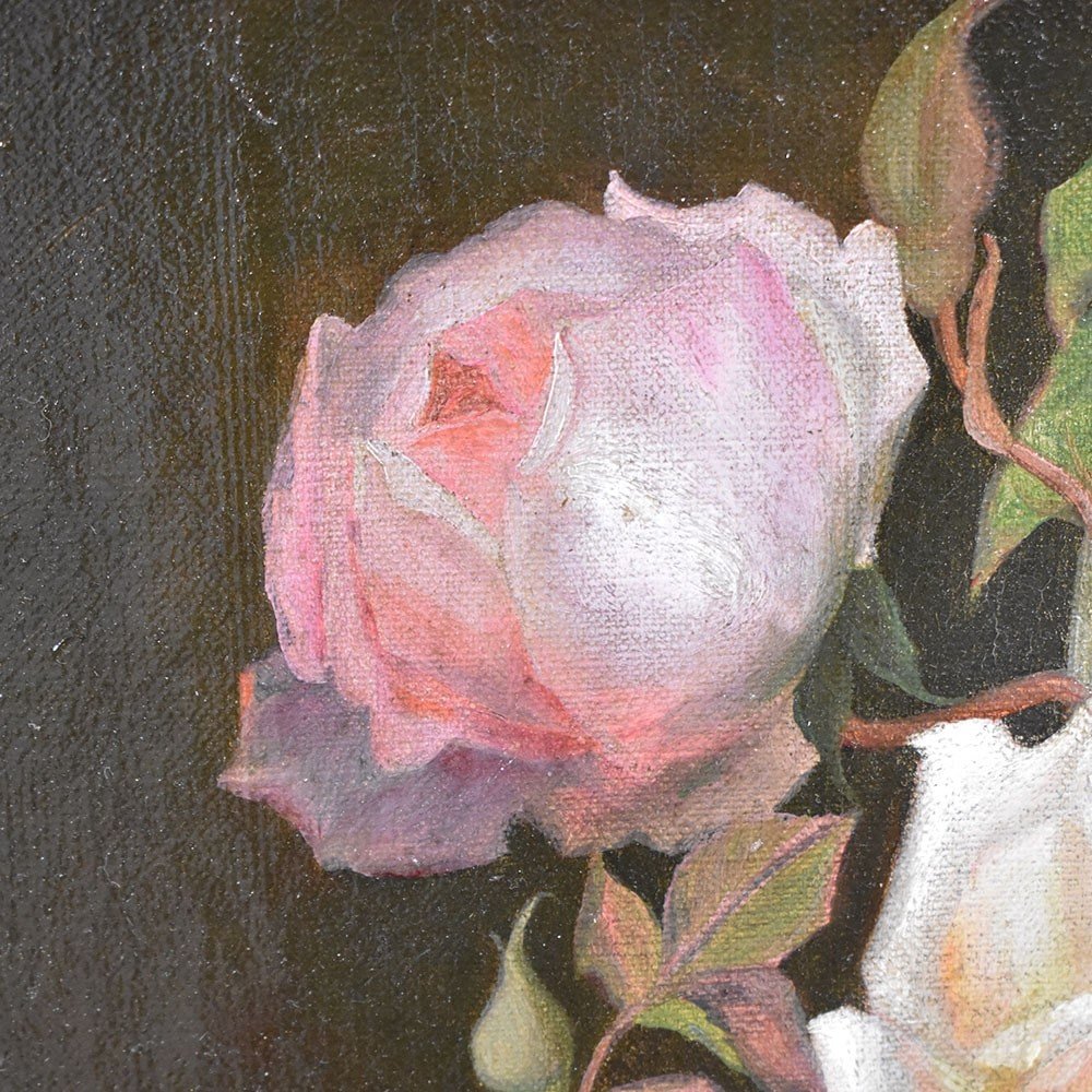 Tableau Ancien Fleurs, Peinture Fleurs, Roses, Alexandre Debrus, XIXè Siècle. (QF462)-photo-1