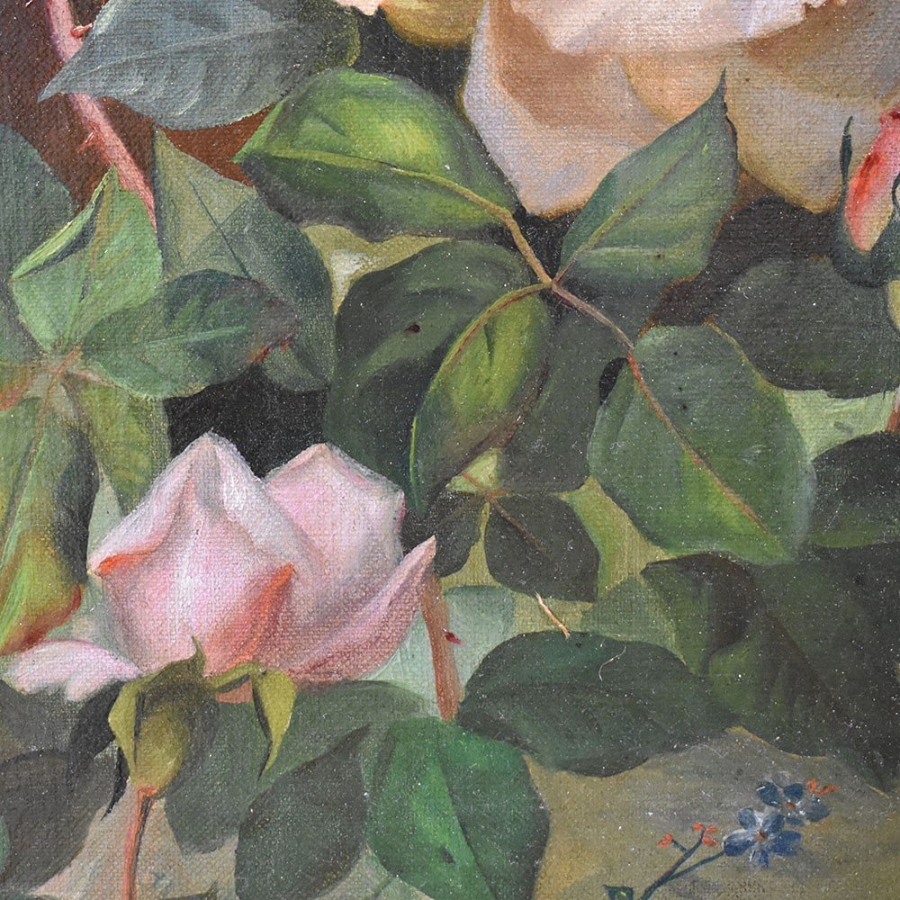 Tableau Ancien Fleurs, Peinture Fleurs, Roses, Alexandre Debrus, XIXè Siècle. (QF462)-photo-2