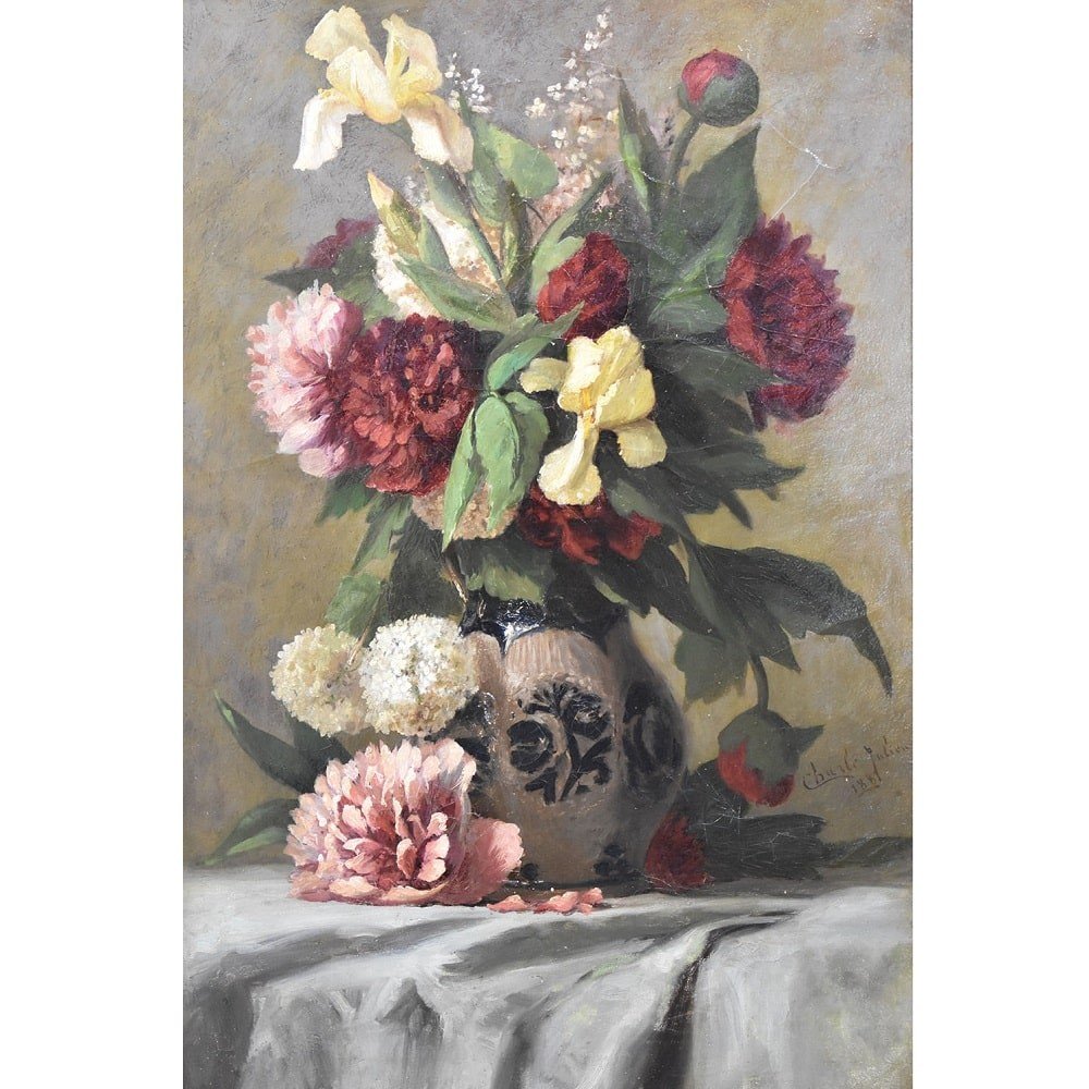 Tableau Ancien, Peintures Natures Mortes, Charles Julien, Tableau De Fleurs, XIX. (QF473)-photo-2