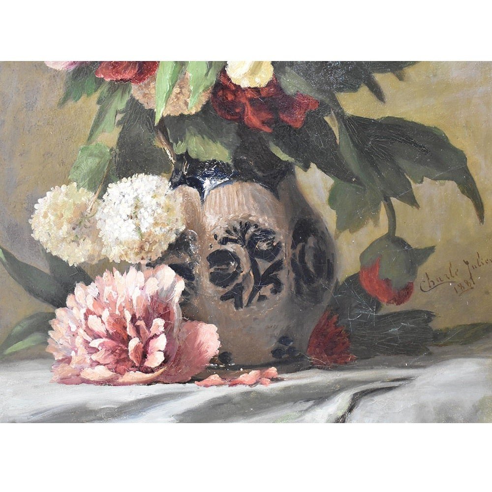 Tableau Ancien, Peintures Natures Mortes, Charles Julien, Tableau De Fleurs, XIX. (QF473)-photo-4