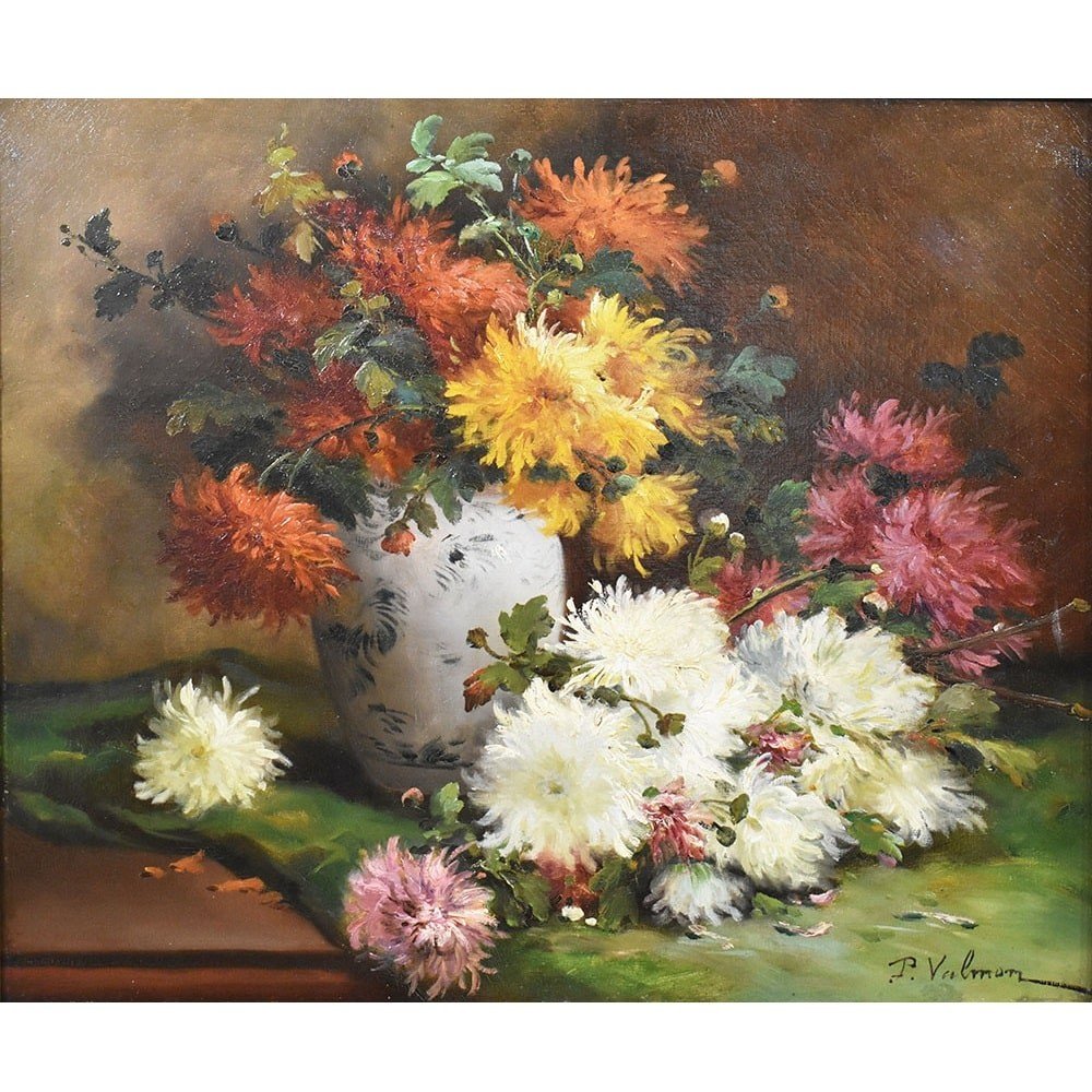 Tableaux Anciens, Nature Morte Aux Dahlias, Cauchois Henri, Huile Sur Toile, XIX. (QF483)-photo-2