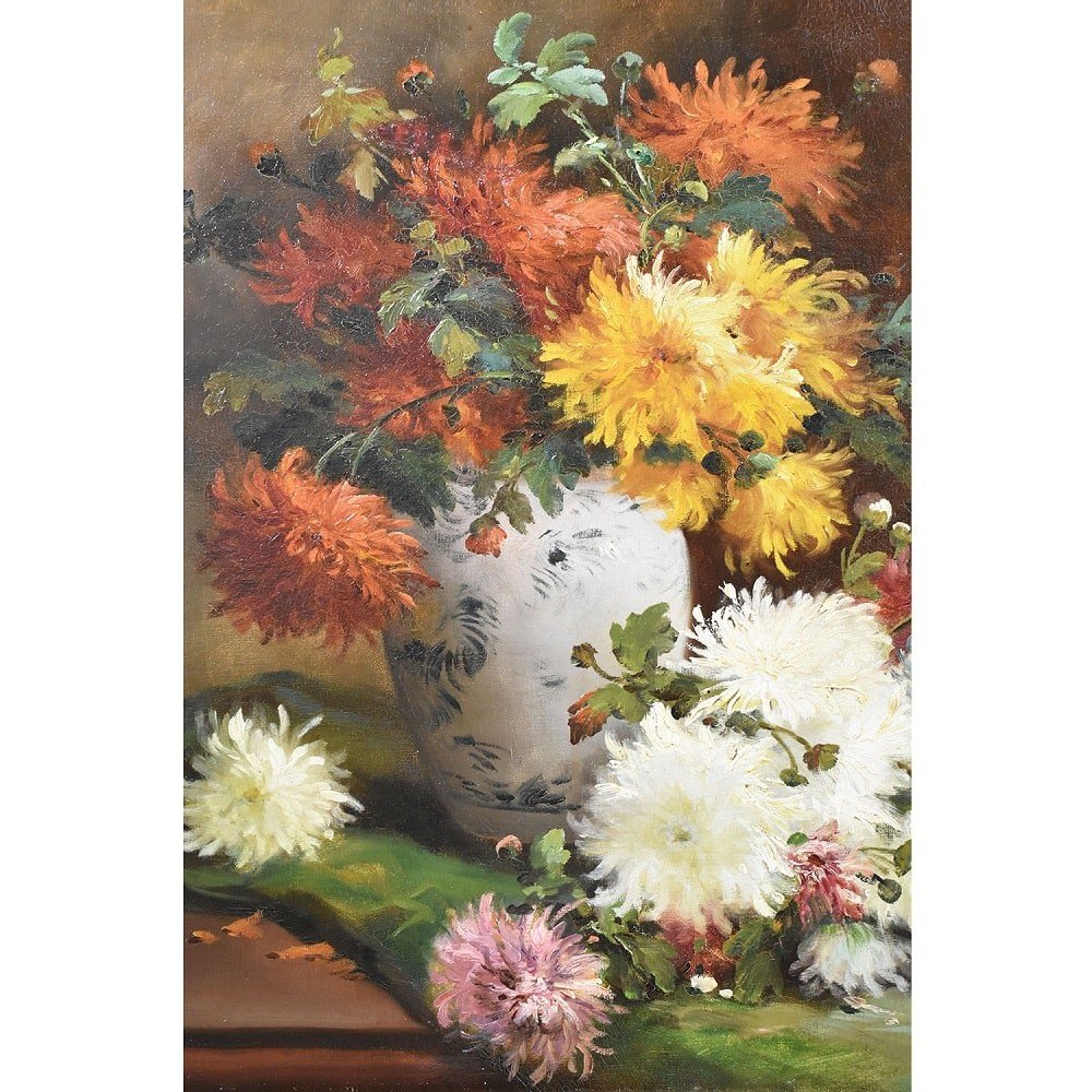 Antique Flower Painting, Dahlias Flowers, Oil On Canvas, 19th Century. (qf483)-photo-1