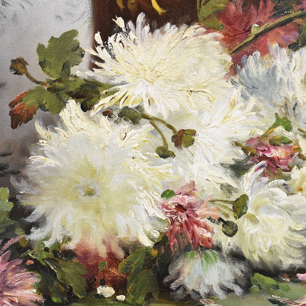 Antique Flower Painting, Dahlias Flowers, Oil On Canvas, 19th Century. (qf483)-photo-2