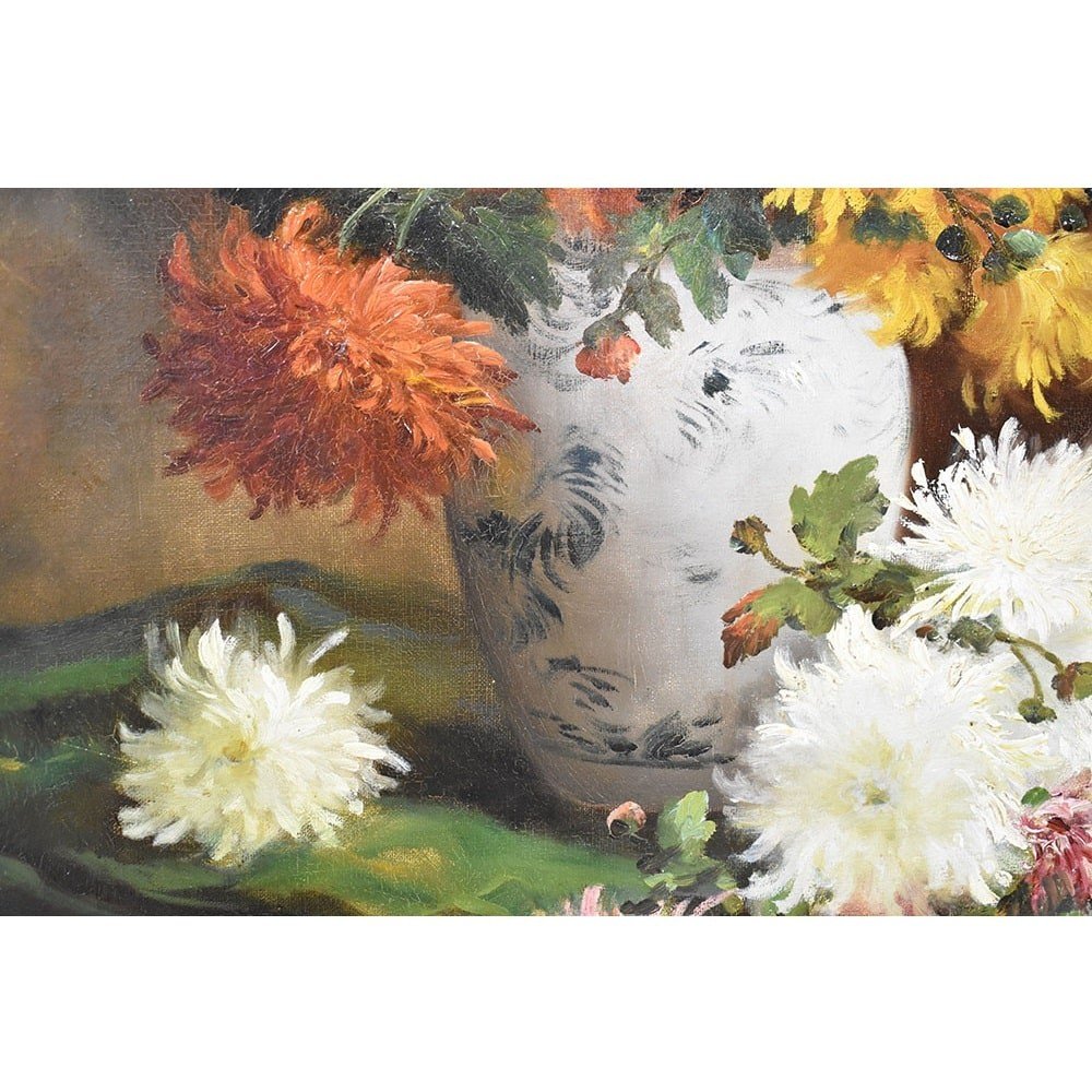 Antique Flower Painting, Dahlias Flowers, Oil On Canvas, 19th Century. (qf483)-photo-3