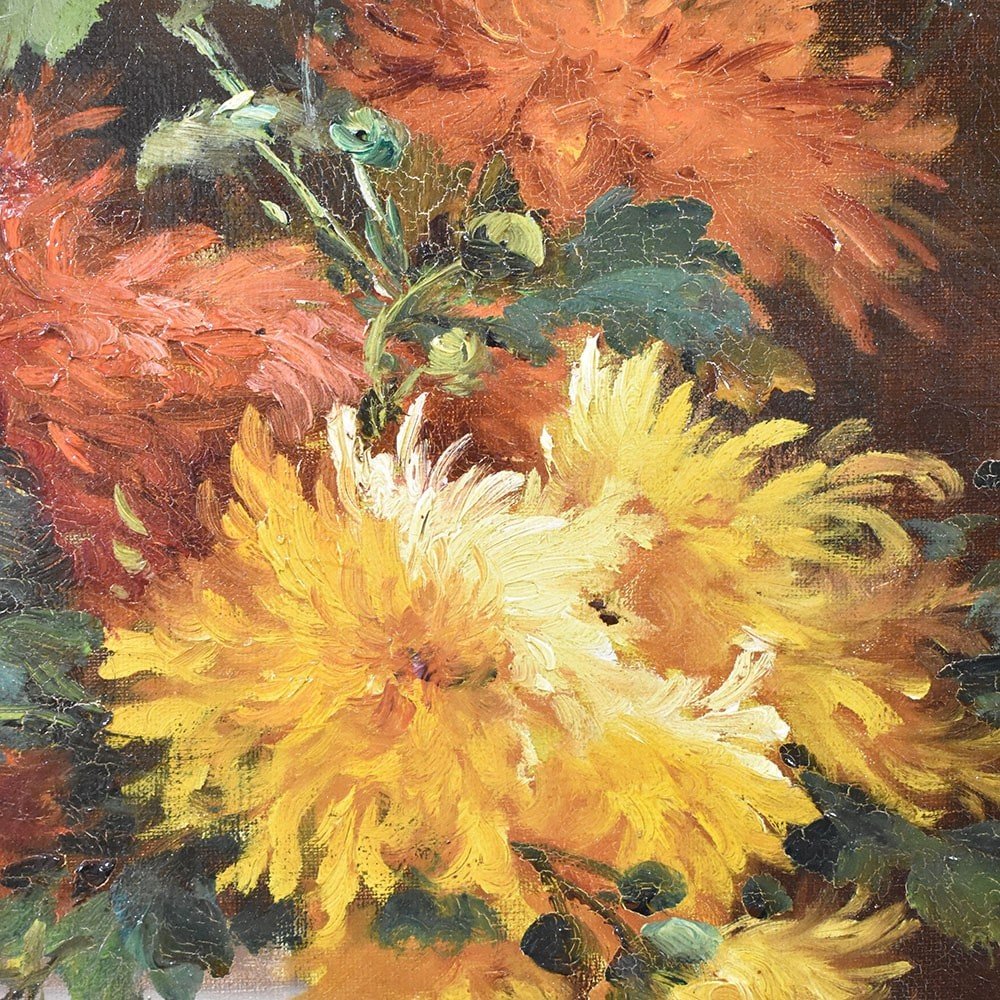 Antique Flower Painting, Dahlias Flowers, Oil On Canvas, 19th Century. (qf483)-photo-4