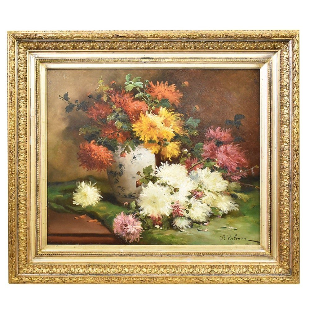 Antique Flower Painting, Dahlias Flowers, Oil On Canvas, 19th Century. (qf483)