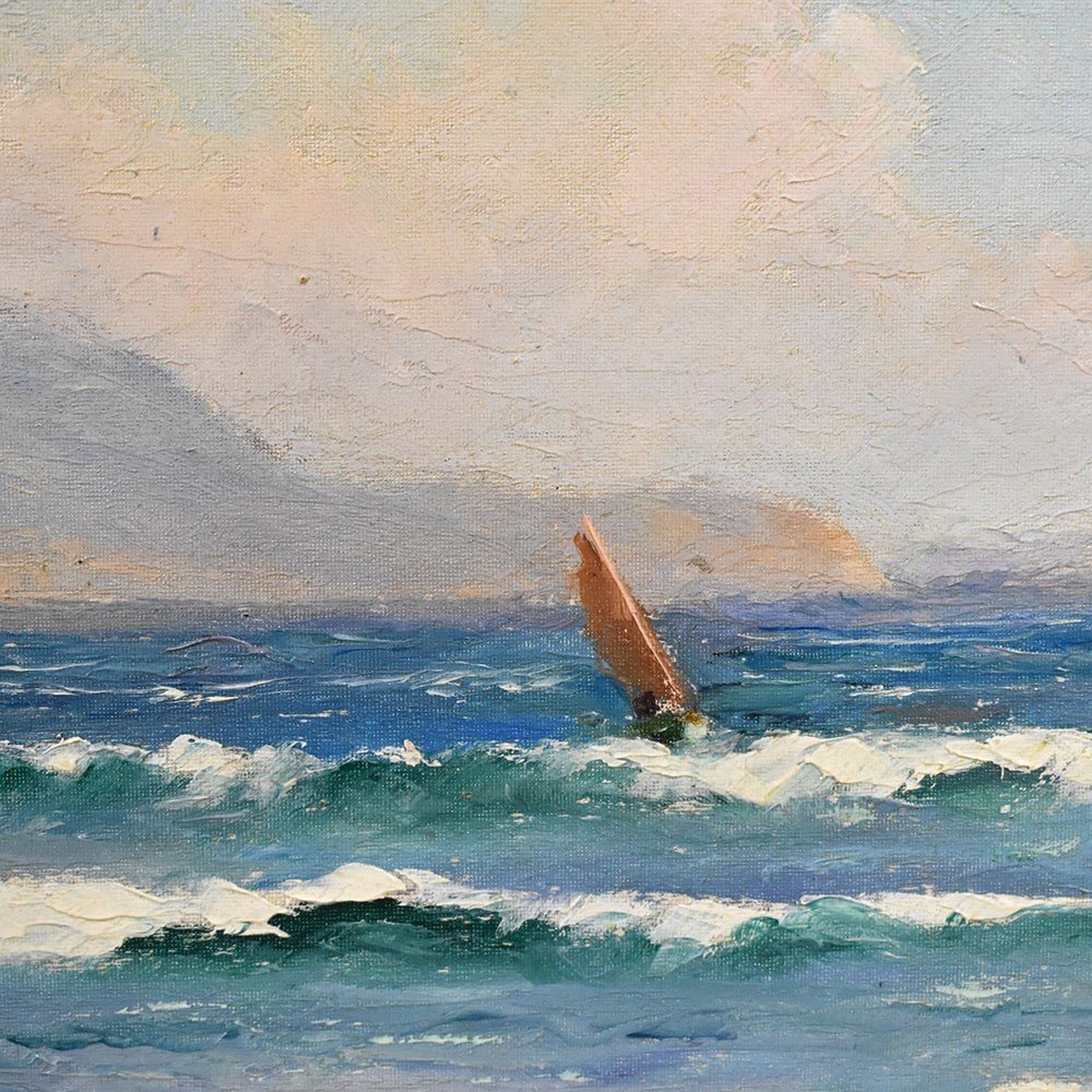 Marine Painting, Cote Azur Painting, Seascape Painting, Early 20th Century. (qm516)-photo-3