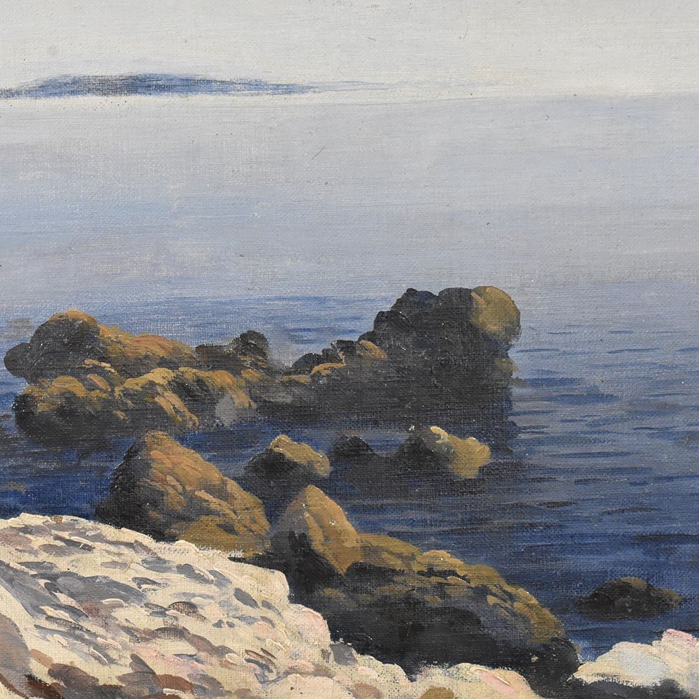 Seascape Painting, Antique Oil Painting With Marine, Oil On Canvas, 20th Century. (qm524)-photo-3