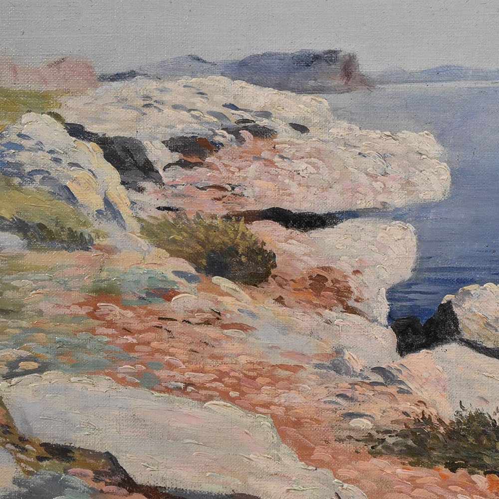 Seascape Painting, Antique Oil Painting With Marine, Oil On Canvas, 20th Century. (qm524)-photo-2
