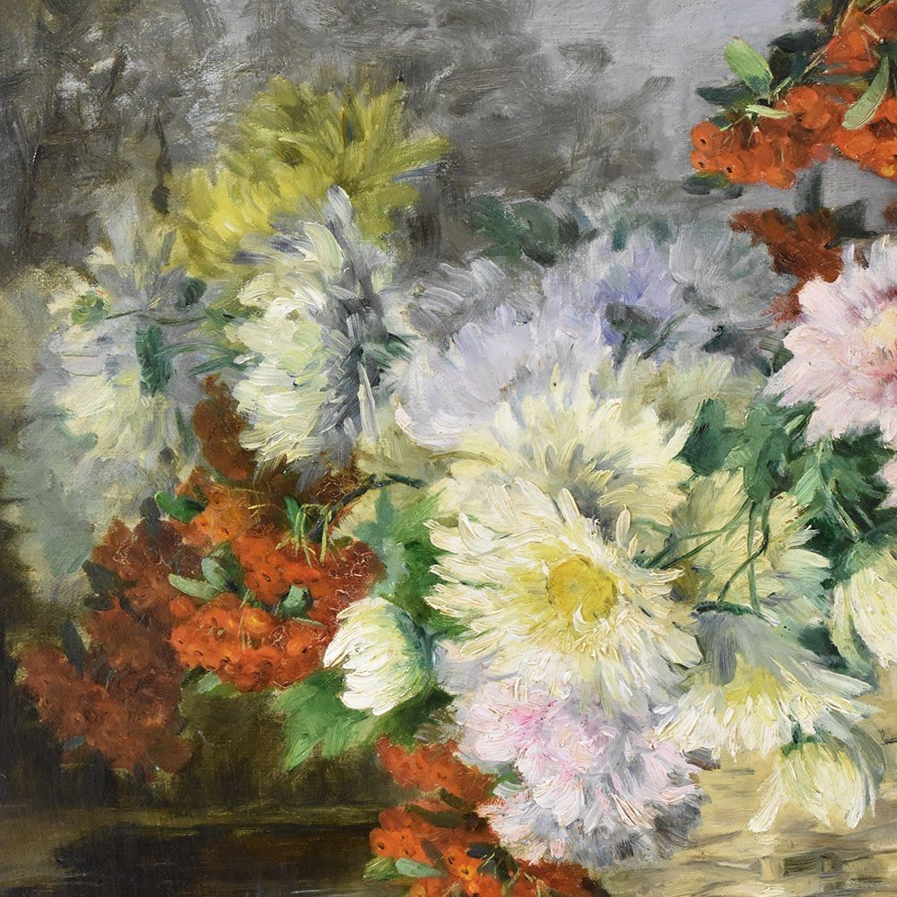 Antique Flower Painting, Chrysanthemums And Daisies Flowers, Oil On Canvas, 19th. (qf517)-photo-4