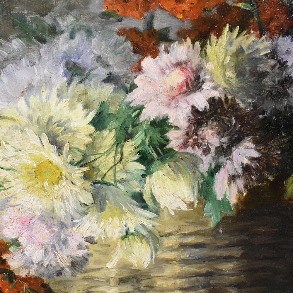 Antique Flower Painting, Chrysanthemums And Daisies Flowers, Oil On Canvas, 19th. (qf517)-photo-1