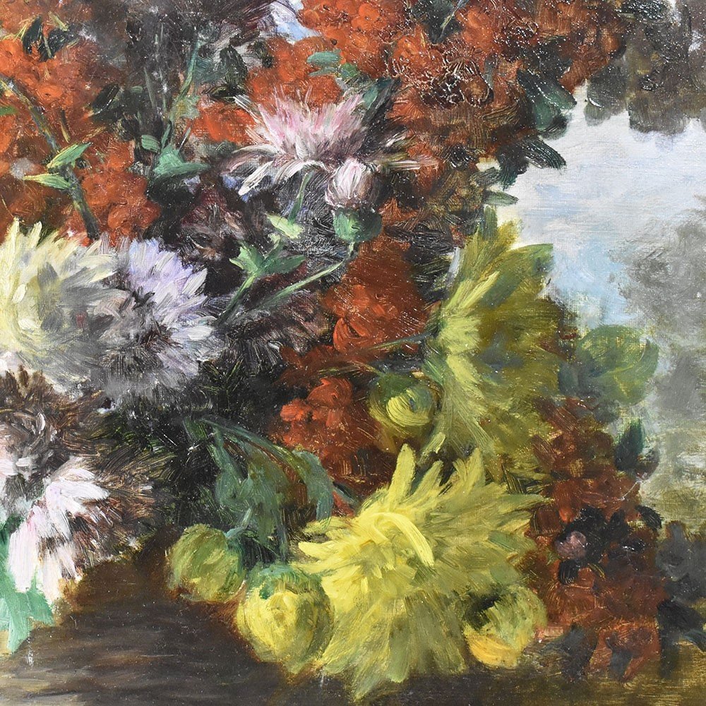 Antique Flower Painting, Chrysanthemums And Daisies Flowers, Oil On Canvas, 19th. (qf517)-photo-2