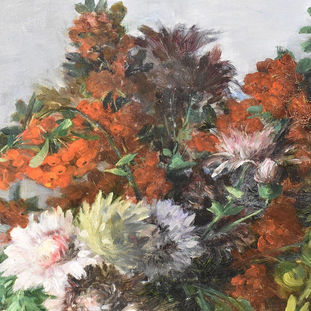 Antique Flower Painting, Chrysanthemums And Daisies Flowers, Oil On Canvas, 19th. (qf517)-photo-3