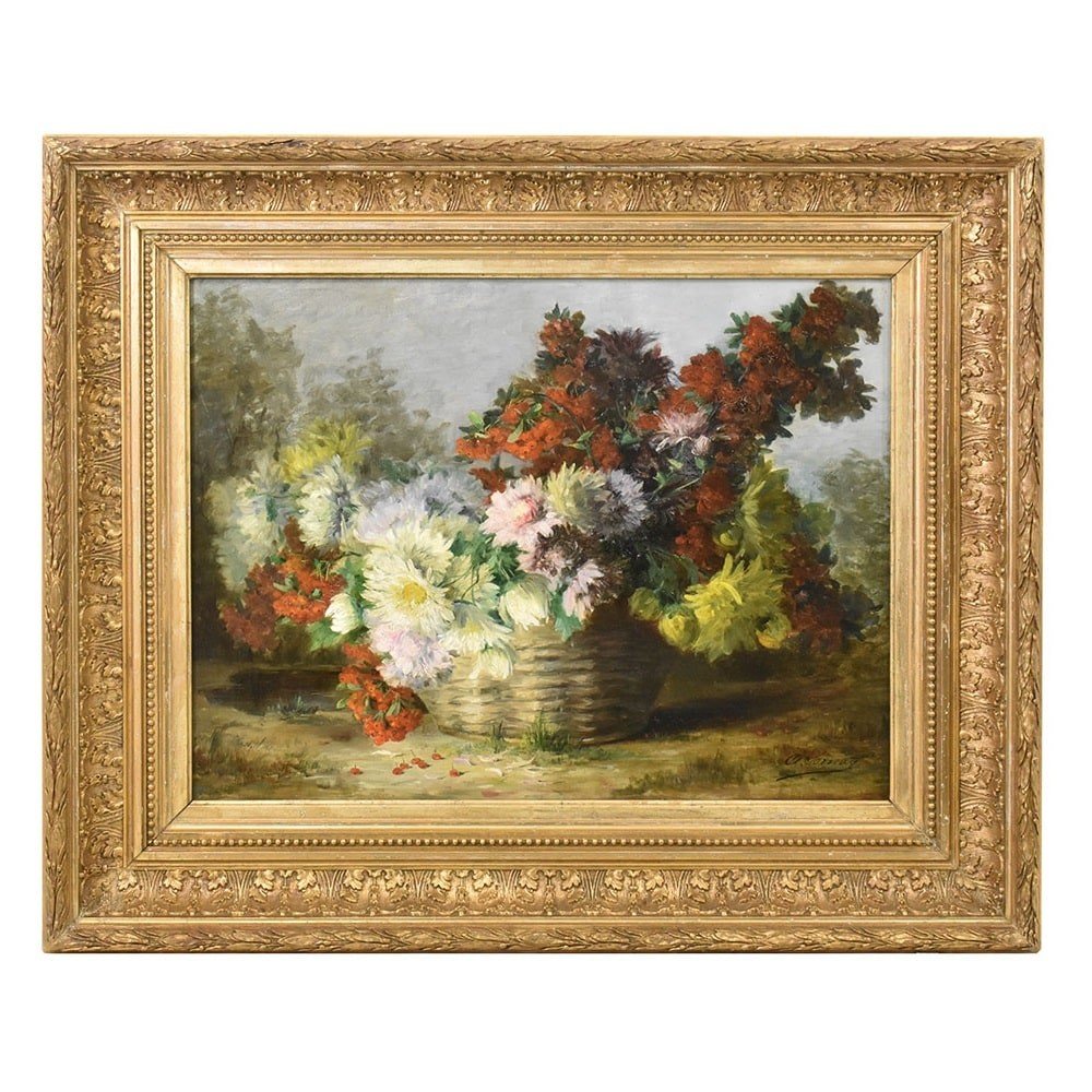 Antique Flower Painting, Chrysanthemums And Daisies Flowers, Oil On Canvas, 19th. (qf517)