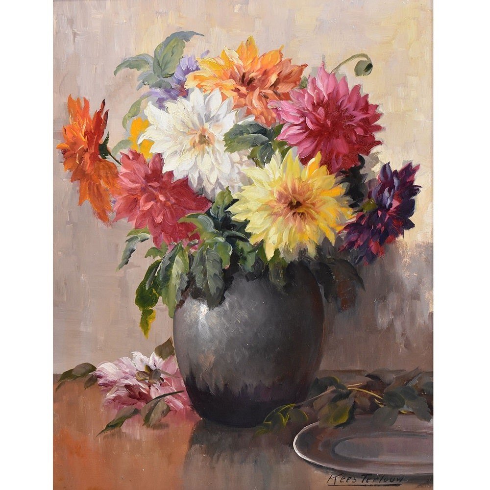 Tableau Anciens Fleurs, Art Déco, Kees Terlouw, Nature Morte, Dahlias, Début XXè. (q544)-photo-2