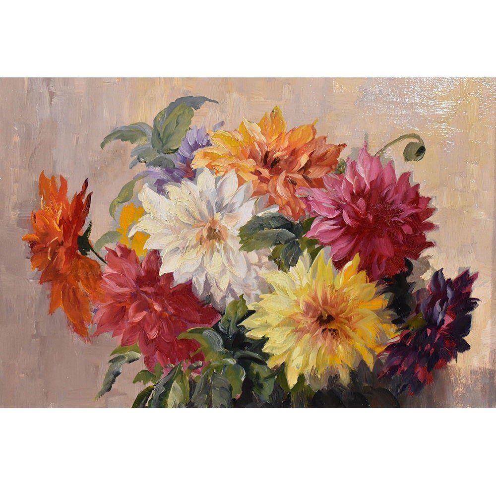 Tableau Anciens Fleurs, Art Déco, Kees Terlouw, Nature Morte, Dahlias, Début XXè. (q544)-photo-3
