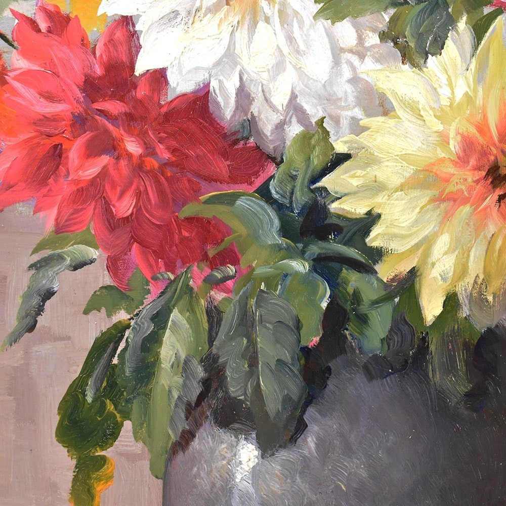 Tableau Anciens Fleurs, Art Déco, Kees Terlouw, Nature Morte, Dahlias, Début XXè. (q544)-photo-4