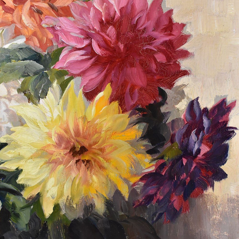 Tableau Anciens Fleurs, Art Déco, Kees Terlouw, Nature Morte, Dahlias, Début XXè. (q544)-photo-1