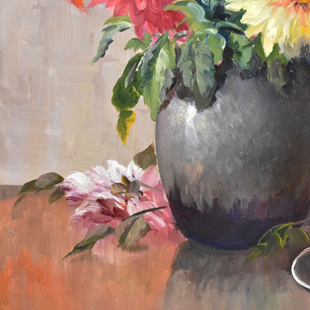 Tableau Anciens Fleurs, Art Déco, Kees Terlouw, Nature Morte, Dahlias, Début XXè. (q544)-photo-2