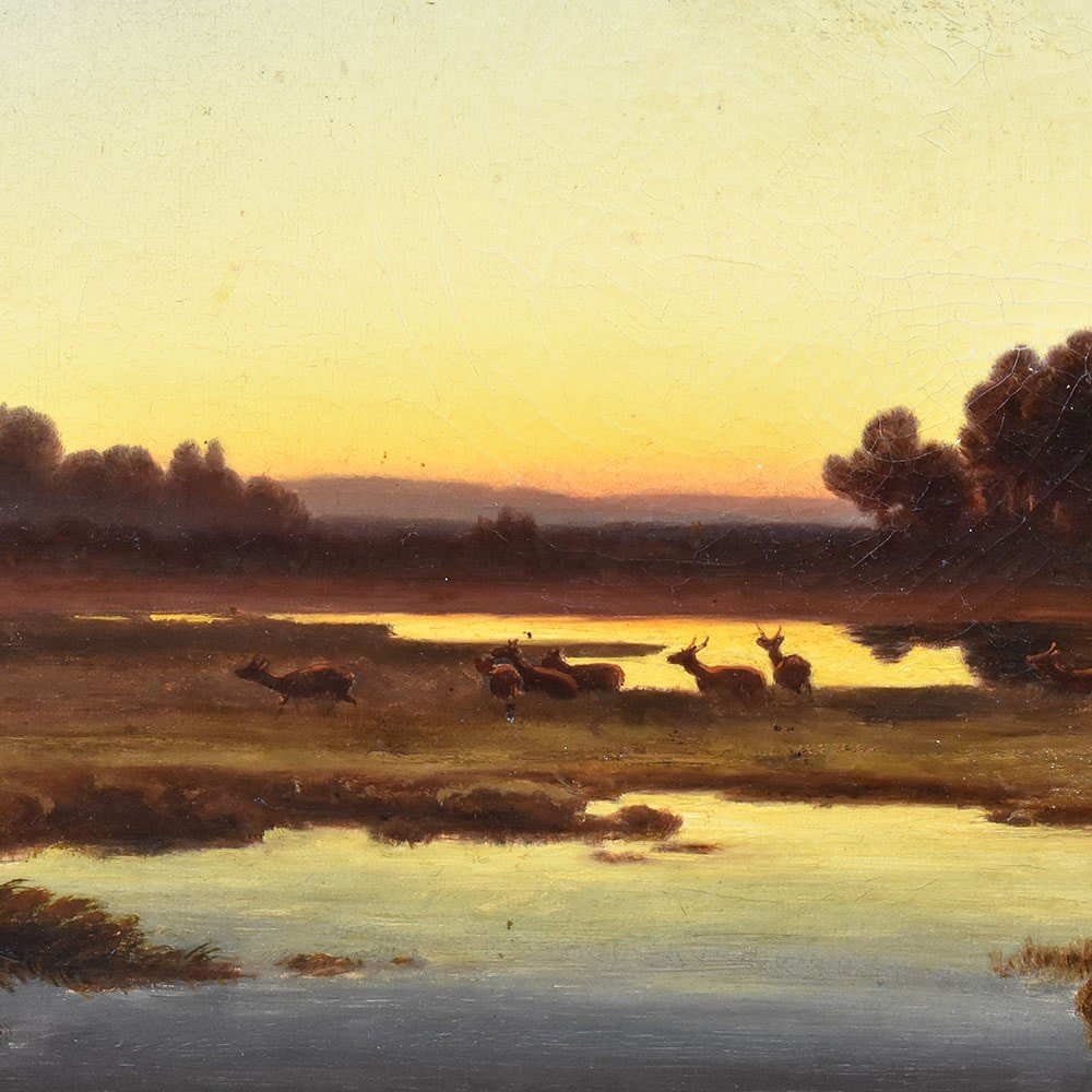 Antique Painting, Landscape At Sunset With Deer, Nature Painting, XIX Century. (qp545)-photo-3