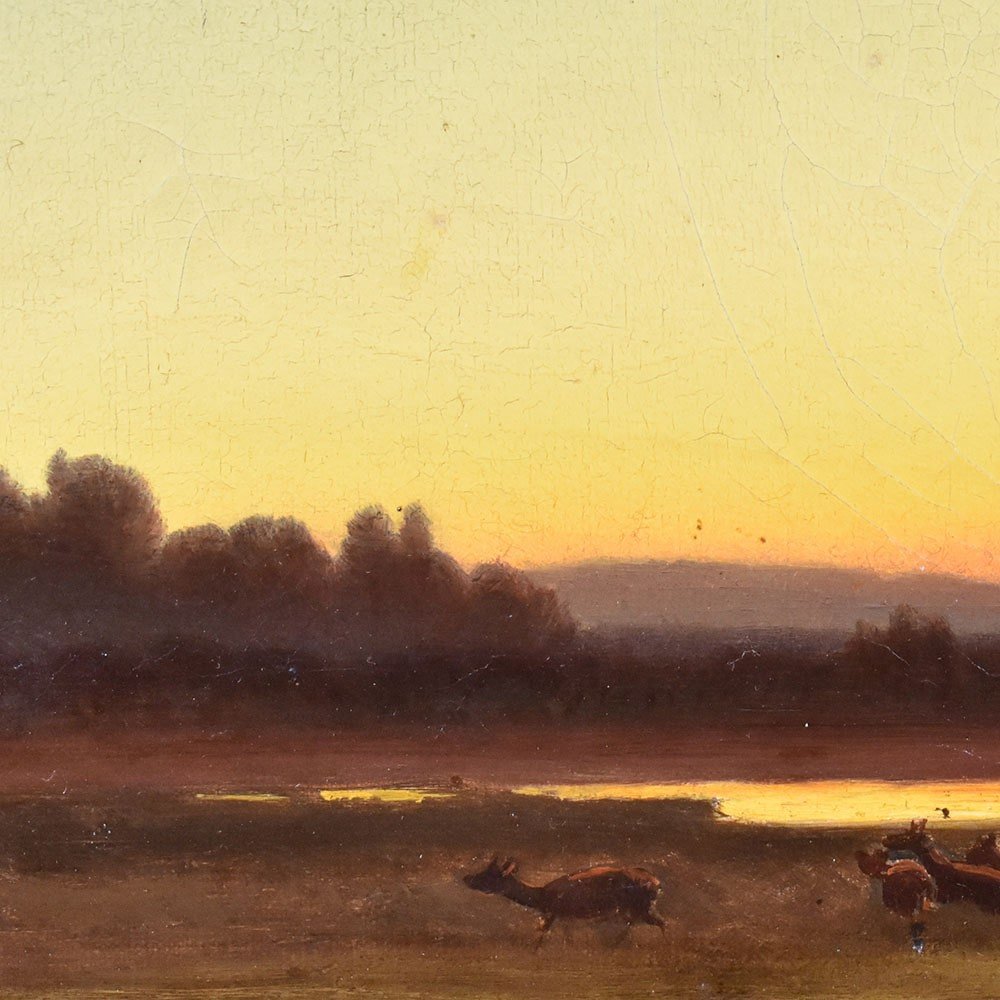 Antique Painting, Landscape At Sunset With Deer, Nature Painting, XIX Century. (qp545)-photo-1