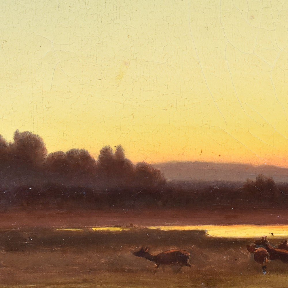 Tableau Ancien, Anton Zwengauer, Paysage Au Coucher Du Soleil Et Biches, XIX. (QP545)-photo-1